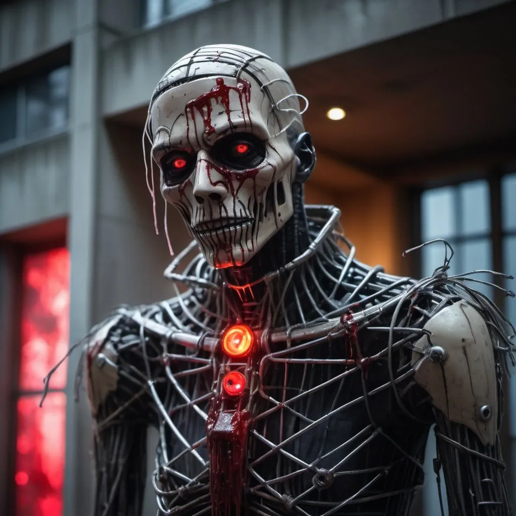 Prompt: Grim portrait of the DC Scarecrow with intricate angular cybernetic implants Face wrapped in plastic, blood splashes on the plastic, inside a brutalist building, gothic brutalist cathedral, cyberpunk, Foto premiada, Bokeh, Neon lights, cybernetic limb