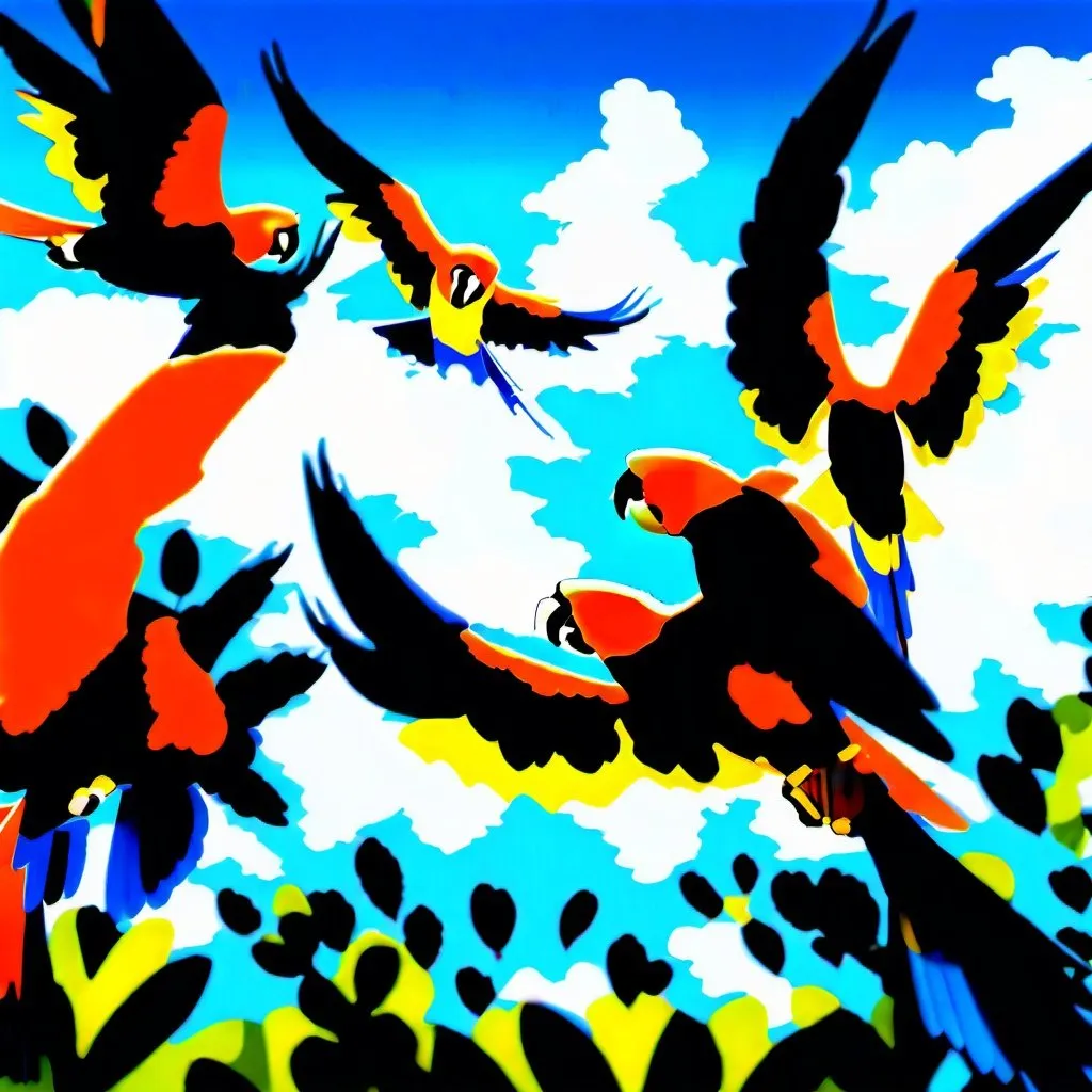 Prompt: Create a photorealistic image of a family of three scarlet macaws and three blue and yellow macaws flying together through a jungle clearing, show some blue sky as well as jungle foliage, create a lot of contrast and depth in the birds colours, and varied foliage taken with a canon r5, wide angle lens, 4k --ar 16:9