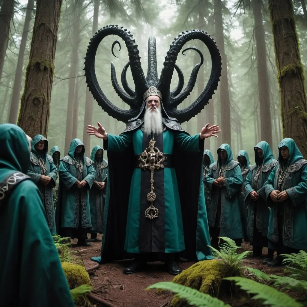 Prompt: wide-shot, action, Epic Composition, photo of The most high (CthuluBishop:1) of the lovecraftian order of Cthulu with tribes in the forest