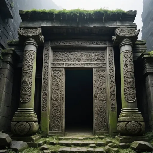 Prompt: scenography，Very unified CG scenes，（well worn），（Dense fog）
（There is an ancient and mysterious huge glass door in the ruins，Connect different time and space with the sky.），Its appearance is dark black，Inlaid with intricate golden patterns，Give people a kind of solemnity、mystical feeling。There are some ancient symbols carved on the door，It is said to be a spell used to open the door to time and space..。The ruins are a place full of mystery and mystery， (There are thick vines everywhere，entwined with ancient swaying boulders.：0.65），（Tall stone walls collapsed into thick green vines），Each of their stones looks exquisite，Presenting spectacular architectural aesthetics。Each stone wall is carved with intricate patterns，Every detail reveals a unique artistic sense。But these carvings weathered the storm，Many are incomplete， You can travel through time in these ruins，Towering temples and spectacular stone pillars are left only in ruins and desolate scenes.。 You can also see stone statues of different shapes scattered everywhere..，The statue has weathered hundreds of years，