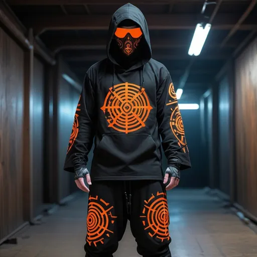 Prompt: Cyberpunk  tribal shamanic  futuristic tactical  gear nomad shamanic clothing
pant , hoodie poncho shamanic onaments face tactical mask 
tech wear black fabric  with symbol and cryptic signs and hexoganal hive patern designs in neon uv orange