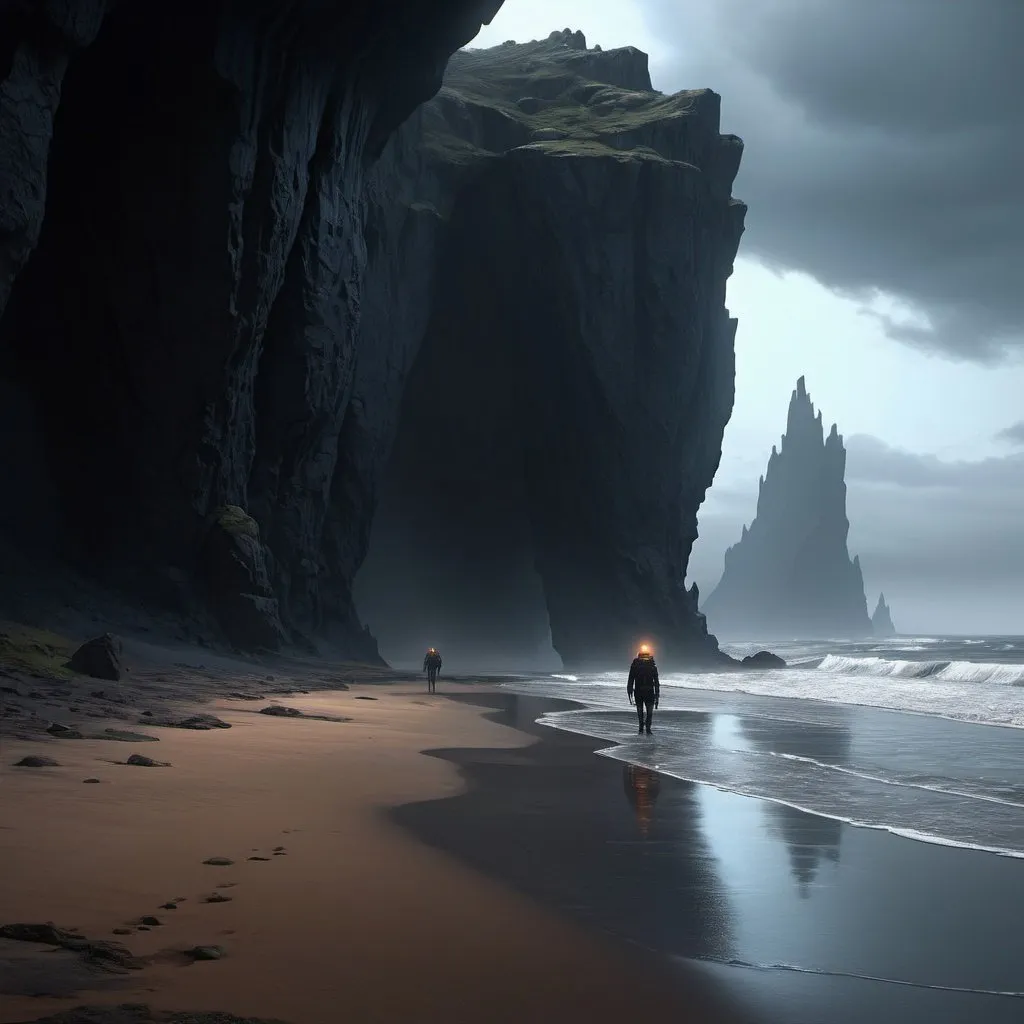 Prompt: Arafards walk on the beach near the cave, inspired by Michał Karcz, Inspired by Michal Karz, dark cinematic concept art, lost in a cave, Inspired by Christopher Balaskas, inspired by Andreas Rocha, Concept art 4K, concept art 4 k, sci-fi of iceland landscape, Atmospheric. Digital painting, dark atmosphere illustration