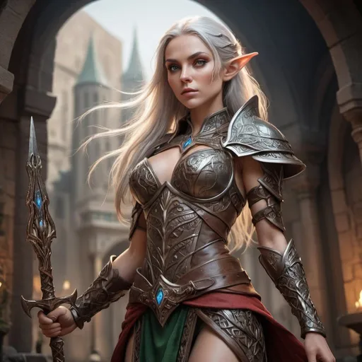 Prompt: high details, best quality, 8k, [ultra detailed], masterpiece, best quality, (extremely detailed), dynamic angle, ultra wide shot, photorealistic, fantasy art, dnd art, rpg art, realistic art, a wide angle picture of an epic female elf, arcane warrior, warrior of magic, fighter of the arcana, full body, [[anatomically correct]] full body (intricate details, Masterpiece, best quality: 1.6) casting a spell  (intricate details, Masterpiece, best quality: 1.5), casting an epic spell, [colorful magical sigils in the air],[ colorful arcane markings floating]  (intricate details, Masterpiece, best quality: 1.6) holding an [epic magical sword]  (intricate details, Masterpiece, best quality: 1.6) holding epic [magical sword glowing in red light]  (intricate details, Masterpiece, best quality: 1.6). in fantasy urban street ( (intricate details, Masterpiece, best quality: 1.6), a female, beautiful epic female elf, wearing elven leather armor  (intricate details, Masterpiece, best quality: 1.3), high heeled leather boots, ultra detailed face (intricate details, Masterpiece, best quality: 1.3), small pointed ears, thick hair, long hair, dynamic hair, fair skin intense eyes, fantasy city background  (intricate details, Masterpiece, best quality: 1.6), sun light, backlight, depth of field  (intricate details, Masterpiece, best quality: 1.3), high details, best quality, highres, ultra wide angle