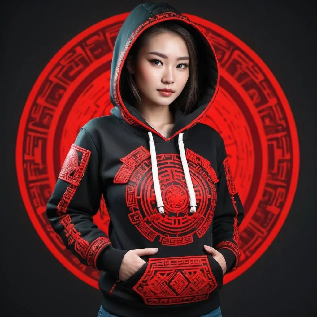 Prompt: Create a beautiful girl wearing a traditional mongolian techwear clothing hoodie with traditional tactical west  
ornaments with pouches straps multiple pockets with artwork in neon glow in red
