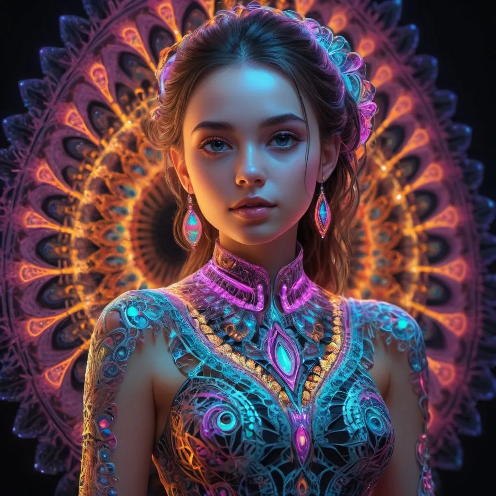 Prompt: (masterpiece, top quality, best quality, official art, beautiful and aesthetic:1.2), (1girl:1.3), extremely detailed,(fractal art:1.2),colorful,highest detailed,( zentangle neon:1.2), (dynamic pose), (abstract background neon:1.5), (treditional dress:1.2), (shiny skin), (many colors:1.4), upper body ,Neon,16K,Full HD