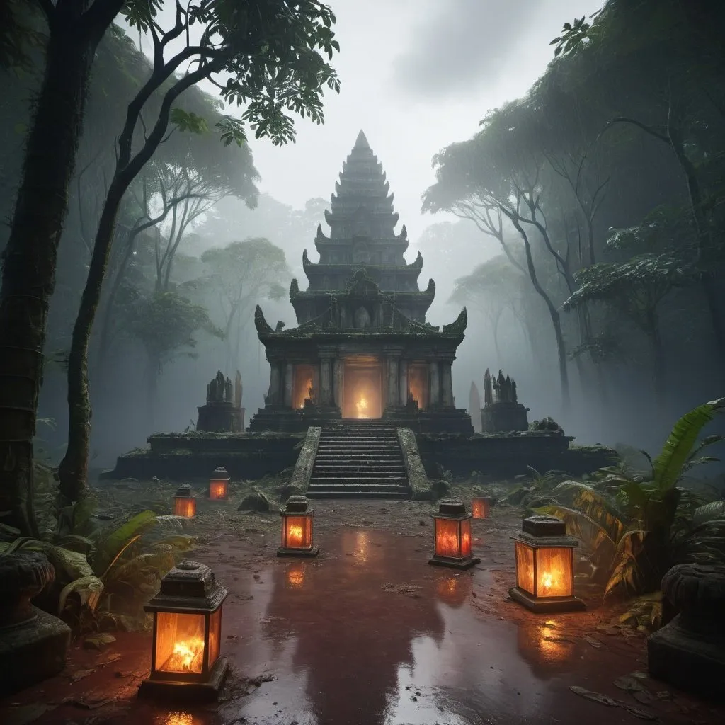 Prompt: An ancient ruins of temple in the rain forest for sacrifice and blood on the floorthe rain forest with mysty dense fog and smoke in the baground octate render unreal lightings, highly detailed , photo realistic , unreal engine 5,  depth of view, add noise, Effet de vent：1.9，Effets de nuage：1.2，Rendu complet，Encaustic painting,flammes, epic, dawn, fog, dramatic lighting, glowing floating  lightings and lanterns in the trees at a distance blurry baground 