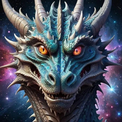 Prompt: (High resolution, incredibly detailed, masterpiece), intricate close up portrait of a beutifull dragon with inside his eye the universe and stars ,beautifull face,in space , featuring fractal geometry in (vibrant colors:0.6), set against a (galactic background:1.8), bringing together complex, mesmerizing shapes and patterns,dmt ,fractal art,stars and galaxies