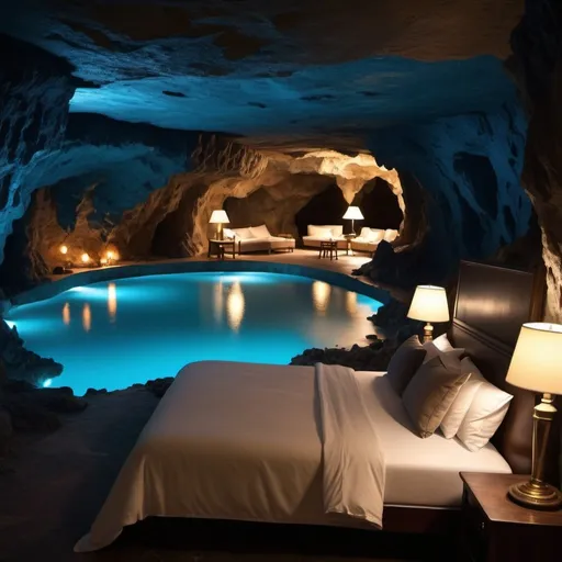 Prompt: make a photo-realistic image of a a large hotel room in the luxury hotell deep down in a large cave, 100 meters below ground. The cave is black, but many small lights make it light. Next to the hotel is a natural blue lake. The room is dark, with many small lights. It has a double bed and an indoor jacuzzi facing The cave