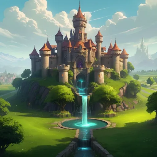 Prompt: arafed castle with a fountain in the middle of a green field, league of legends concept art, riot games concept art, unreal engine fantasy art, detailed 4k concept art, fantasyconcept art, 4 k resolution concept art, dota matte painting concept art, warcraft architecture, andreas rocha style, stunning! concept art, world of warcraft concept art