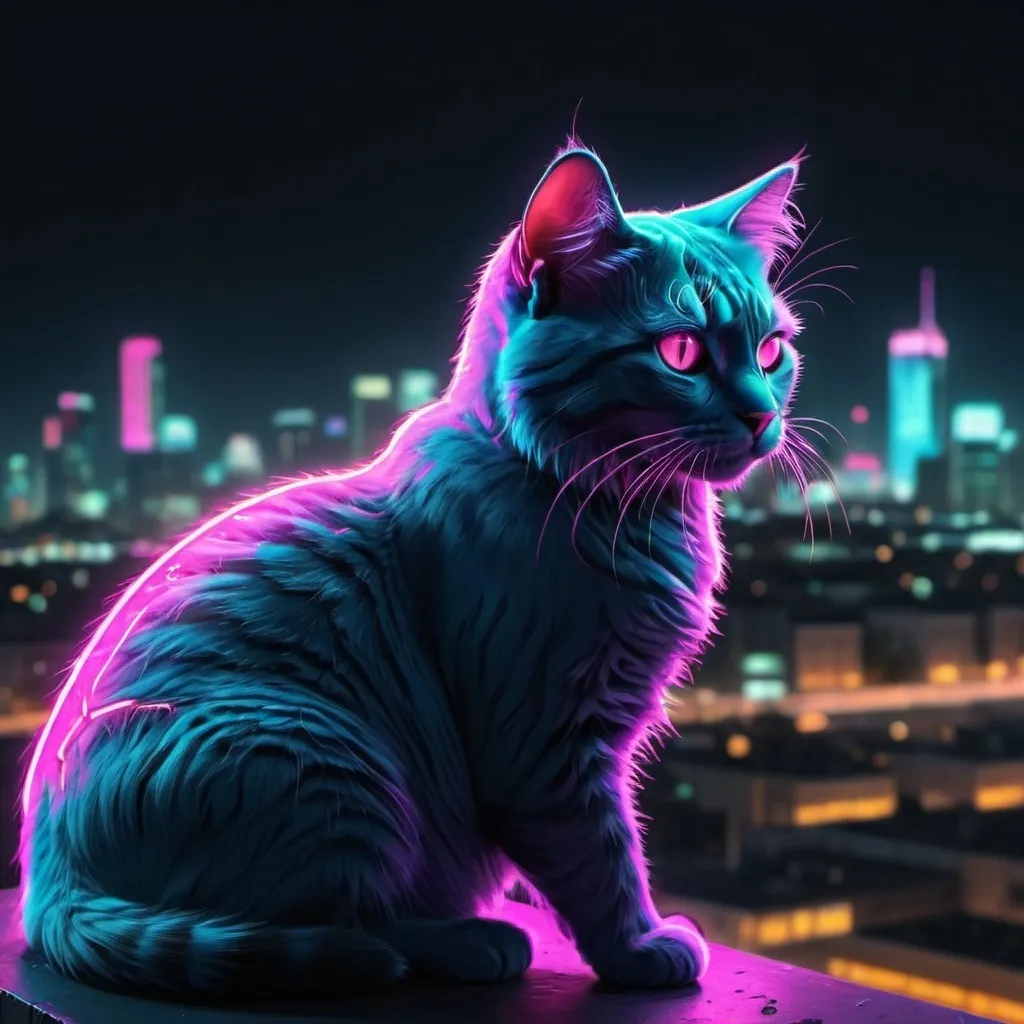 Prompt: Realistic neon cat looking to a city