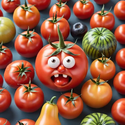 Prompt: Image of a tomato looking uncomfortable at a fruit party with other fruits


