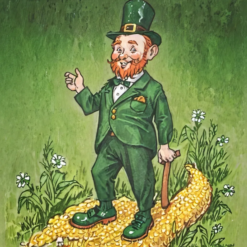 Prompt: leprechaun, orange beard, pale skin, smiling, rosey cheeks, green eyes, green tux, green shoes, corn cobb pipe, short, green baseball hat.