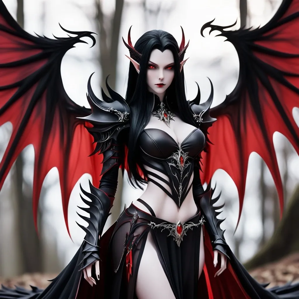 Prompt: Beautiful Pale Skinned Dark Elf Vampire, Very long straight black hair, Black-Red Armor, Red Eyes, Big and Very Long Vampire Wings