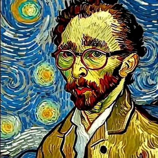 Prompt: a fifty year old man, brown curly hair, wearing glasses, van gogh style painting