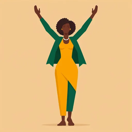 Prompt: Flat illustration , no gender, simple forms, simple shapes, vector, minimalism,activist, standing, from head to toe, arms in the air, from africa