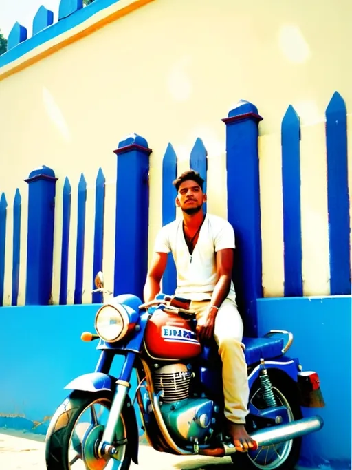 Prompt: a man sitting on a motorcycle on a road near a blue fence and a blue wall with blue stripes, Bikash Bhattacharjee, bengal school of art, single body, a picture