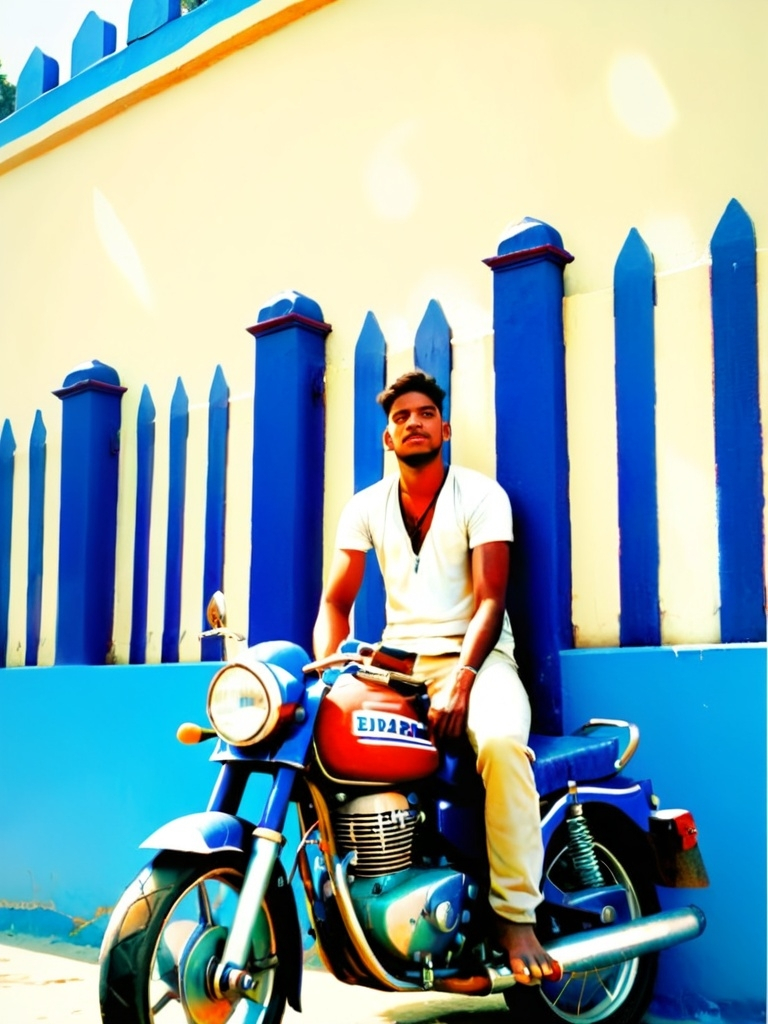 Prompt: a man sitting on a motorcycle on a road near a blue fence and a blue wall with blue stripes, Bikash Bhattacharjee, bengal school of art, single body, a picture