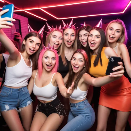 Prompt: Crea una bolsa de espigas rodeado de diferentes chicas y una de ellas está sacando una selfie en un lugar de fiestas 