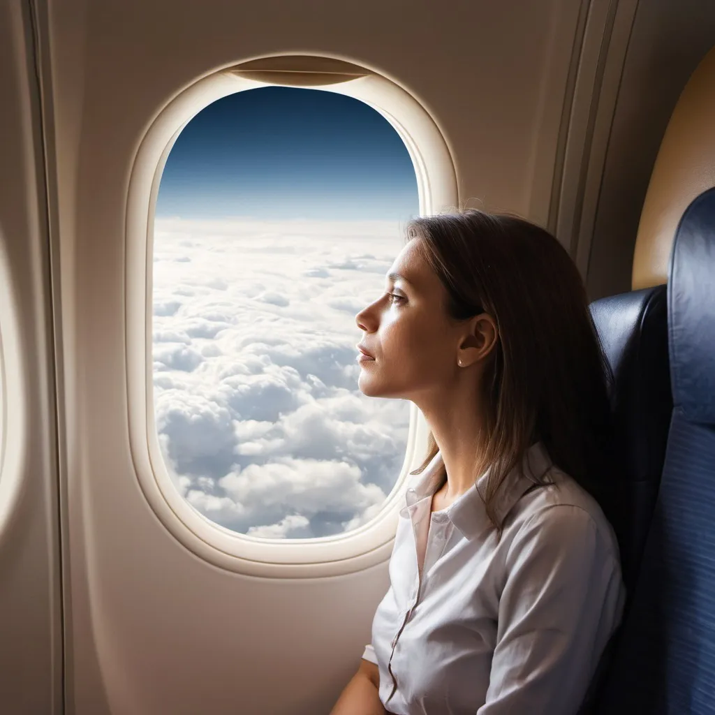 Prompt: A woman travelling on a plane, looking out the window at the cloud.