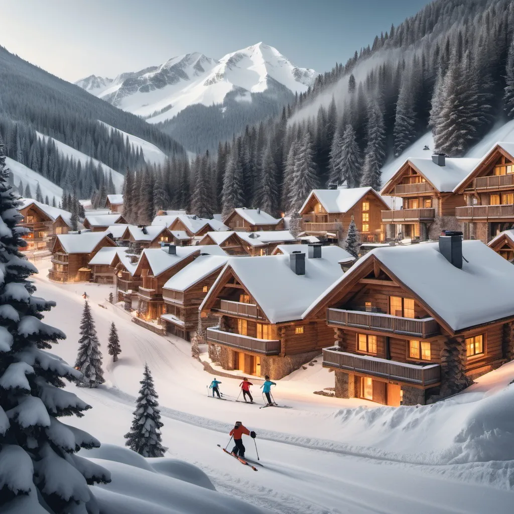 Prompt: a snowy mountain village with cozy cabin and skiers on the slopes