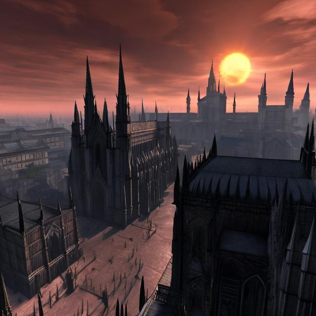 Prompt: Anor londo, sunset, Gothic cathedral landscape