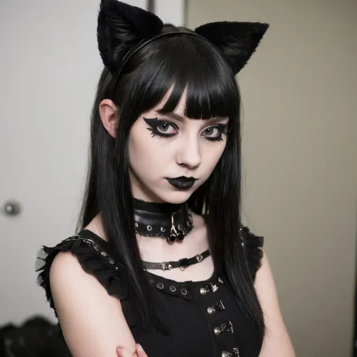 Prompt: Goth young woman, punk rock, hime-cut and blunt bangs, cat ears, black lipstick and eyeliner, backstage