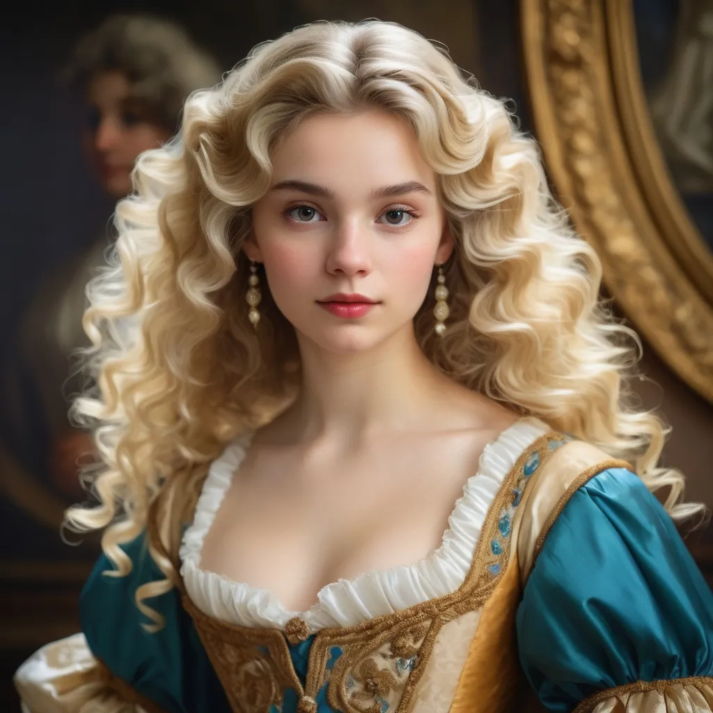 Prompt: Baroque painting-style, beautiful young woman, venetian dress, wavy blonde hair