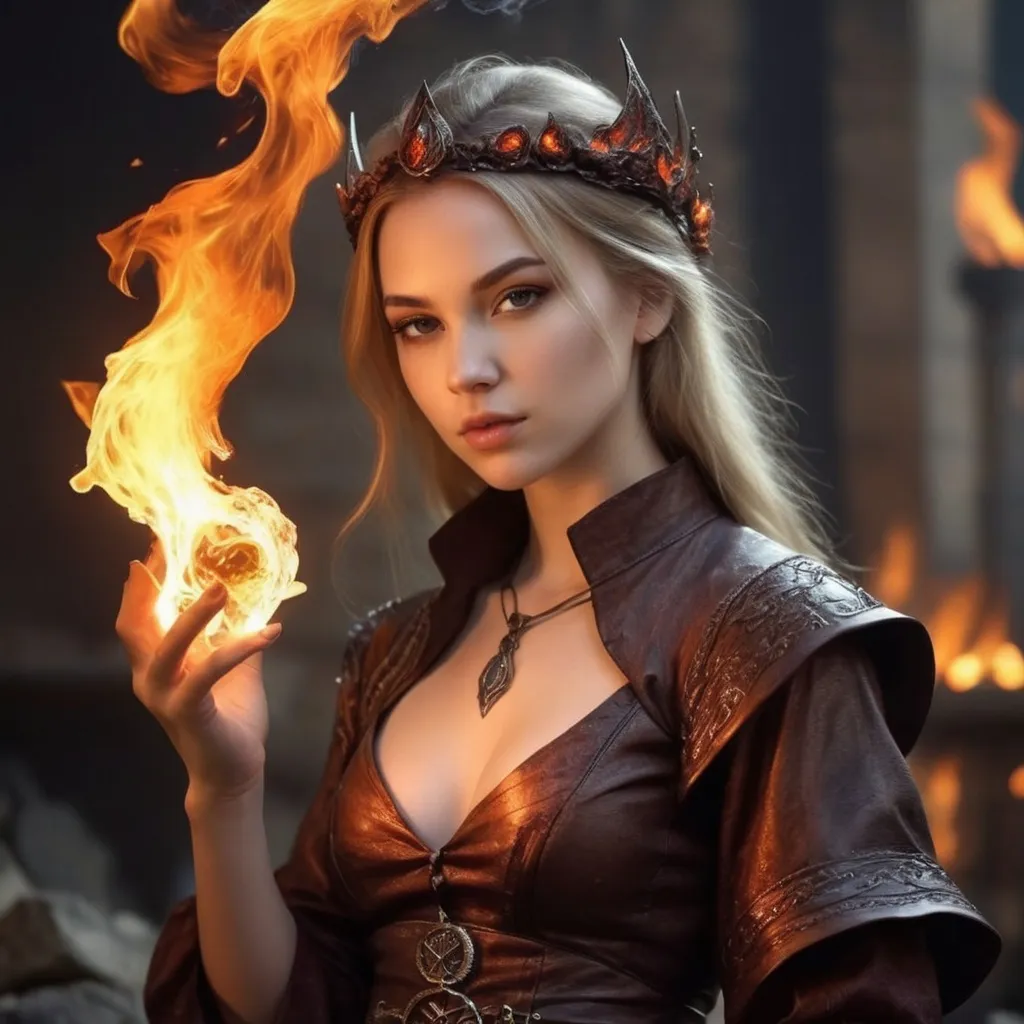 Prompt: Realistic Fantasy female pyromancer young woman beautiful