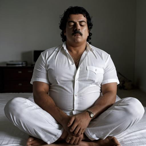 Prompt: Pablo escobar meditating inside his room, wearing white shirt black pant, closed eyes, full figure