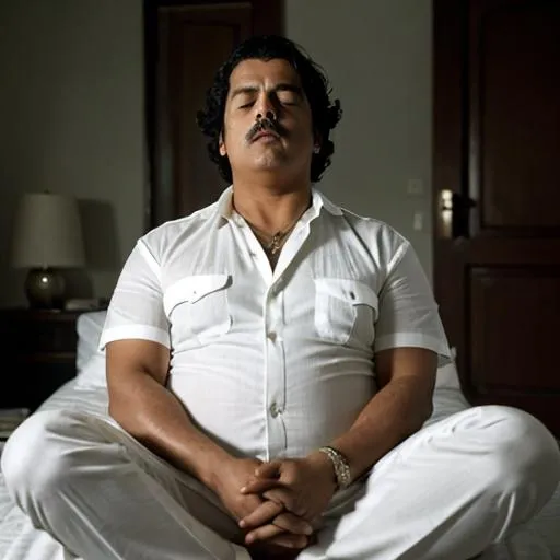 Prompt: Pablo escobar meditating inside his room, wearing white shirt black pant, closed eyes