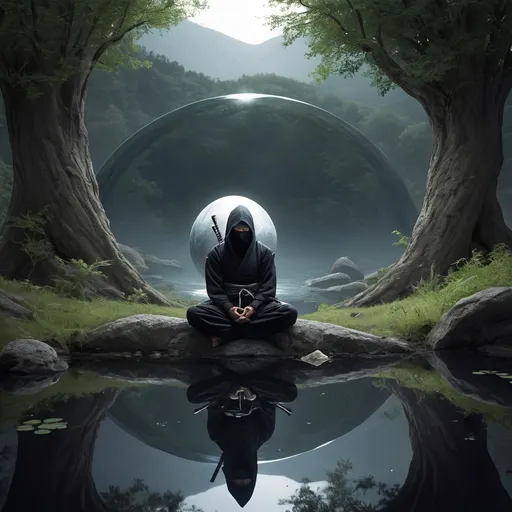 Prompt: geezy333official sitting in his mental space, its a valley, its dark and completley silent, no fear no vibrations present, the water  forms a perferct mirror, active imagineation jungian tech, he watches the pond and lets his silence grow, disipled as the capabilities he has as a ninja  could get forced to come out and take action.
