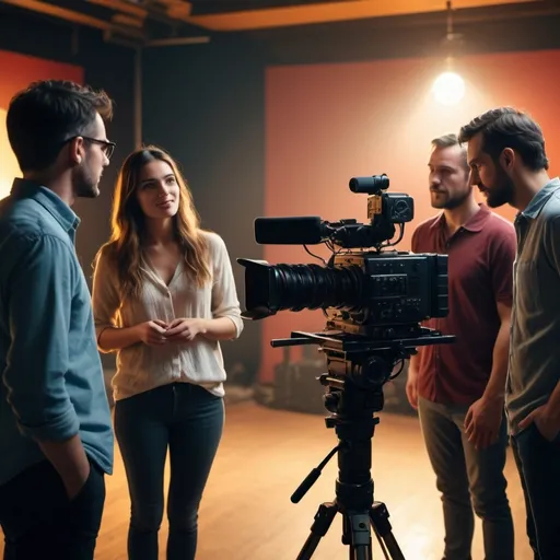 Prompt: (group of filmmakers talking on set), dynamic discussion, focused expressions, collaborative atmosphere, cinematic backdrop, cameras and equipment, vibrant color tones casting shadows, warm lighting creates an inviting feel, creative energy and teamwork, high-quality 4K, ultra-detailed scene capturing passion and creativity, engaging in film production.