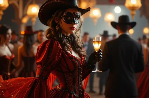 Prompt: A wide, soft focus, (((cowboy shot))) of a champagne diva at a bohemian masquerade ball. Dramatic lighting and shadows. She is laughing heartedly, expressive body language.