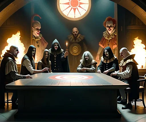 Prompt: A council of 8 individuals sitting around a table in a dark and ancient room. One of them is a clown, that has white makeup with two red stripes. Another one is a grey haired music producer in a suit with a cigar. Another is a woman with shoulder length black hair and makeup wearing a black dress. Another is a puppet in brown overalls. The faces of the rest are completely obscured by the shadows of their hoods. The faces of all the members are half obscured by a shadow from their hood. Every member is wearing a black cloak on top of the clothes theirs already wearing. Only one individual is a clown. The others are don’t have any special features and their faces are fully obscured by shadows. The room is dark and only lit by torches. On the wall behind them is an emblem of a clowns head. On top of the clowns head is the number 8 and below the number 43.