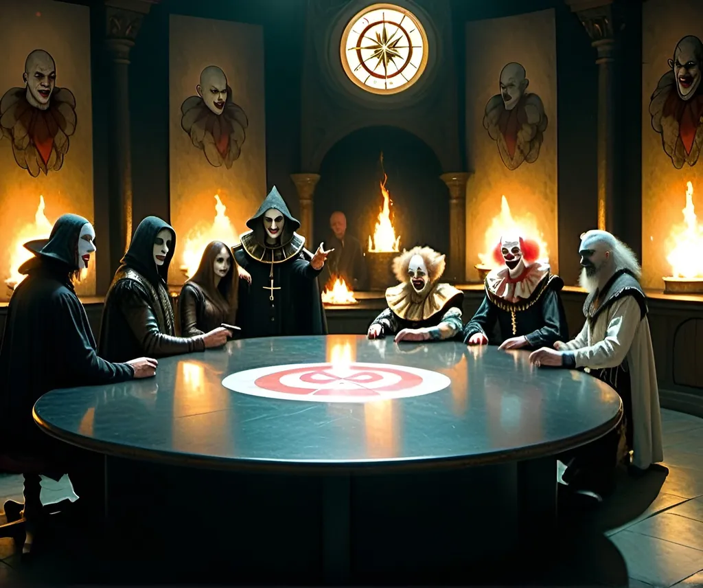 Prompt: A council of 8 individuals sitting around a table in a dark and ancient room. One of them is a clown, that has white makeup with two red stripes. Another one is a grey haired music producer in a suit with a cigar. Another is a woman with shoulder length black hair and makeup wearing a black dress. Another is a puppet in brown overalls. The faces of the rest are completely obscured by the shadows of their hoods. The faces of all the members are half obscured by a shadow from their hood. Every member is wearing a black cloak on top of the clothes theirs already wearing. Only one individual is a clown. The others are don’t have any special features and their faces are fully obscured by shadows. The room is dark and only lit by torches. On the wall behind them is an emblem of a clowns head. On top of the clowns head is the number 8 and below the number 43.