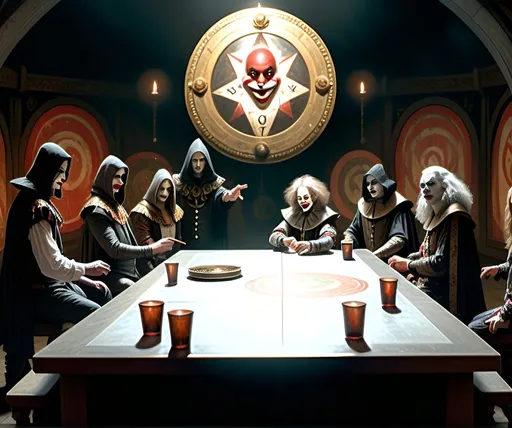 Prompt: A council of 8 individuals sitting around a table in a dark and ancient room. One of them is a clown, that has white makeup with two red stripes. Another one is a grey haired music producer in a suit with a cigar. Another is a woman with shoulder length black hair and makeup wearing a black dress. Another is a puppet in brown overalls. The faces of the rest are completely obscured by the shadows of their hoods. The faces of all the members are half obscured by a shadow from their hood. Every member is wearing a black cloak on top of the clothes theirs already wearing. Only one individual is a clown. The others are neutral.