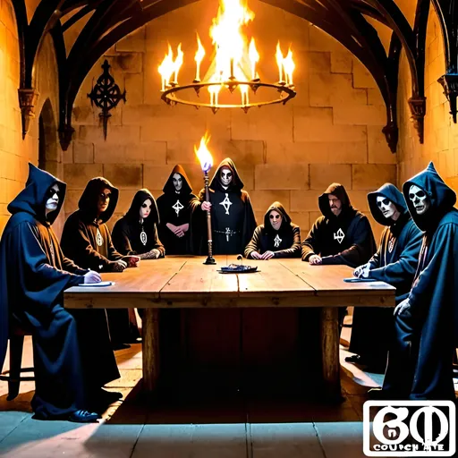 Prompt: Generate the council of hate. It has 8 members, all wearing dark robes and hoods, sitting around a table in an almost totally dark room only lit by torches, that looks like the inside of a gothic cathedral. It is a group of internet trolls. On the wall behind them is a logo with the number 43