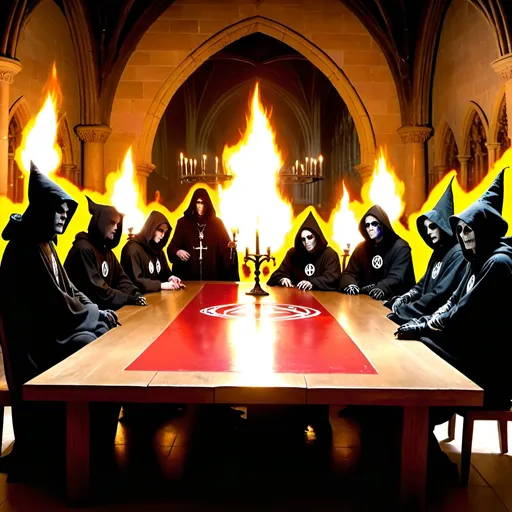 Prompt: Generate the council of hate. It has 8 members, all wearing dark robes and hoods, sitting around a table in an almost totally dark room only lit by torches, that looks like the inside of a gothic cathedral. It is a group of internet trolls. On the wall behind them is a logo with the number 43