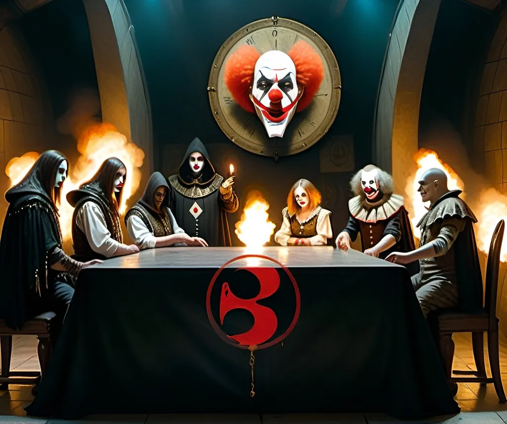 Prompt: A council of 8 individuals sitting around a table in a dark and ancient room. One of them is a clown, that has white makeup with two red stripes. Another one is a grey haired music producer in a suit with a cigar. Another is a woman with shoulder length black hair and makeup wearing a black dress. Another is a puppet in brown overalls. The faces of the rest are completely obscured by the shadows of their hoods. The faces of all the members are half obscured by a shadow from their hood. Every member is wearing a black cloak on top of the clothes theirs already wearing. Only one individual is a clown. The others are don’t have any special features and their faces are fully obscured by shadows. The room is dark and only lit by torches. On the wall behind them is an emblem of a clowns head. On top of the clowns head is the number 8 and below the number 43.