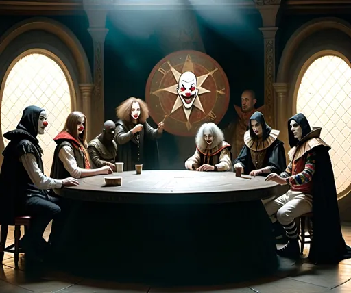 Prompt: A council of 8 individuals sitting around a table in a dark and ancient room. One of them is a clown, that has white makeup with two red stripes. Another one is a grey haired music producer in a suit with a cigar. Another is a woman with shoulder length black hair and makeup wearing a black dress. Another is a puppet in brown overalls. The faces of the rest are completely obscured by the shadows of their hoods. The faces of all the members are half obscured by a shadow from their hood. Every member is wearing a black cloak on top of the clothes theirs already wearing. Only one individual is a clown. The others are neutral.