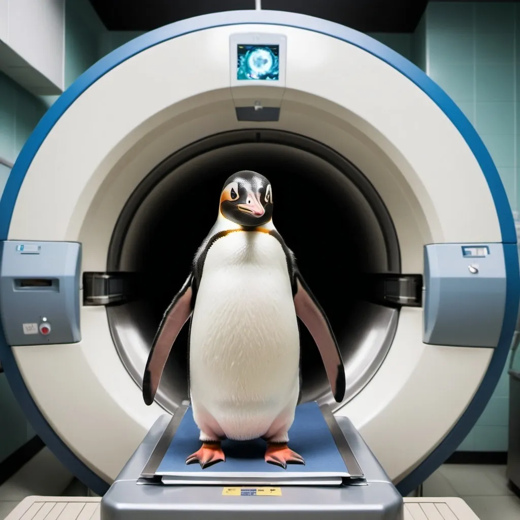 Prompt: Kings Pinguin and MRI scanner, using a photo of a real pinguin. And the pinguin must be in the scanner


