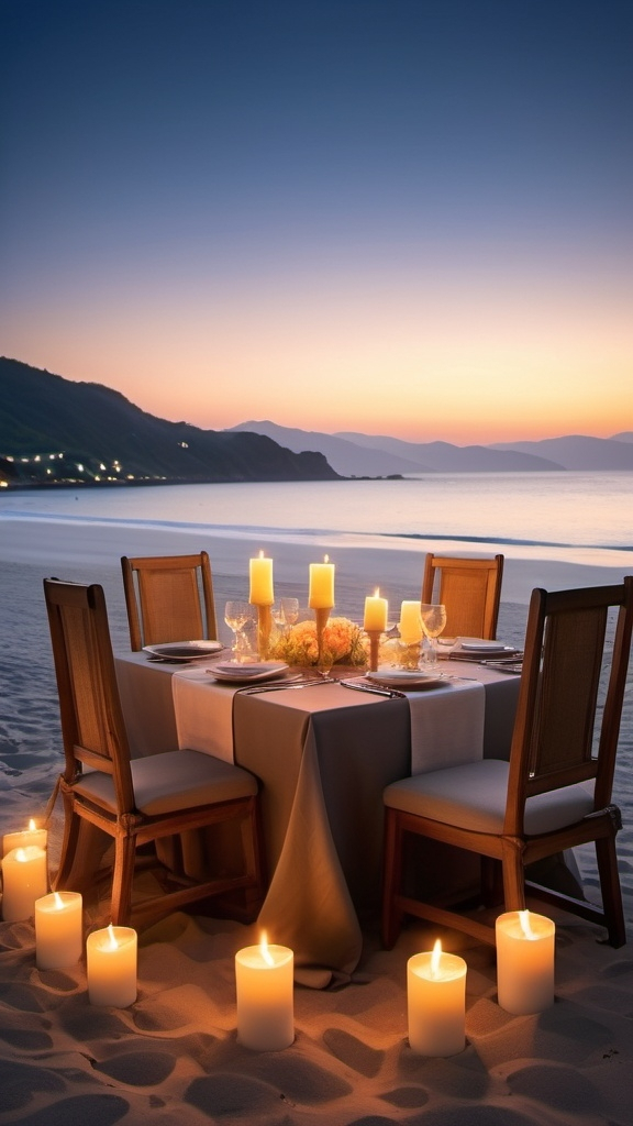 Prompt: "A romantic candlelight dinner set by the sea, with a table elegantly arranged on a sandy beach. The soft glow of the candles illuminates the scene, casting warm light on the surroundings. Ahead, lush green mountains rise majestically, creating a stunning backdrop. Colorful stones are scattered along the shoreline, and the sky is a clear, serene blue, adding to the tranquil and enchanting atmosphere."