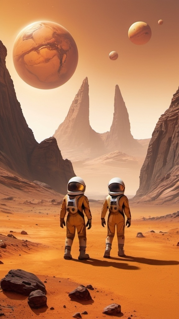 Prompt: "Four kids are playing on the surface of Mars, surrounded by a dramatic yellowish hue that bathes the entire scene. The Martian landscape is rugged and rocky, with distant mountains and red-orange sand. The children, dressed in futuristic space suits, are full of joy and excitement as they explore and play, with the vast, alien horizon stretching out behind them. The sky has a surreal yellow effect, giving the scene an otherworldly, adventurous atmosphere."