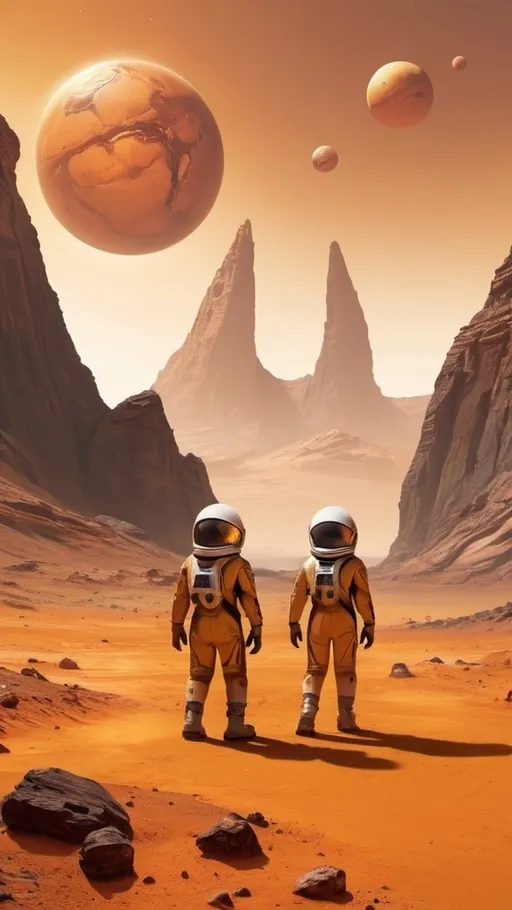 Prompt: "Four kids are playing on the surface of Mars, surrounded by a dramatic yellowish hue that bathes the entire scene. The Martian landscape is rugged and rocky, with distant mountains and red-orange sand. The children, dressed in futuristic space suits, are full of joy and excitement as they explore and play, with the vast, alien horizon stretching out behind them. The sky has a surreal yellow effect, giving the scene an otherworldly, adventurous atmosphere."