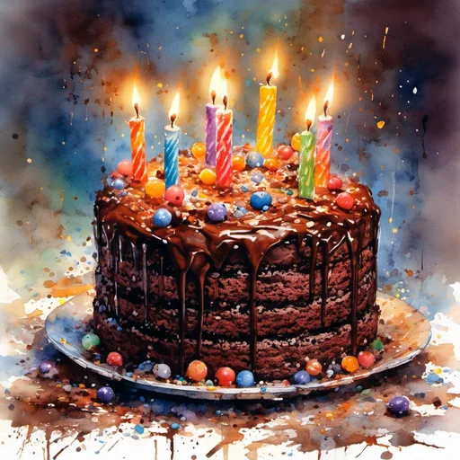 Prompt: <mymodel>Watercolor (illustration) of a delicious birthday chocolate cake, adorned with flickering candles, tempting and scrumptious appearance, isolated on a (clean white background), emphasis on (vivid colors) and (soft textures), exuding warmth and celebration, designed in (mymodel) midjourney style, ultra-detailed, enchanting and inviting ambiance.