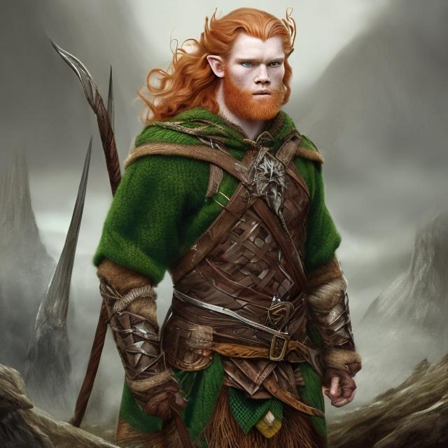 Prompt: Fantasy handsome giant strong Scottish man with Ginger hair and elven ears wearing tartan in fantasy art style 
