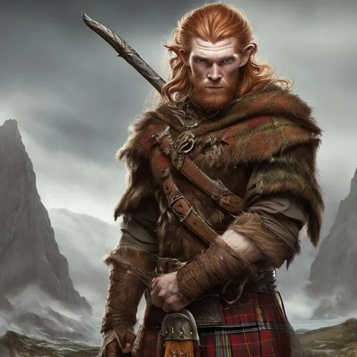 Prompt: Fantasy handsome giant rugged strong Scottish man with pointed elven ears with Ginger hair wearing tartan in fantasy art style 

