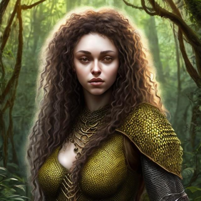 Prompt: beautiful wild woman with wild dark curly hair, yellow coloured eyes and sharp features in chainmail in the forest art style