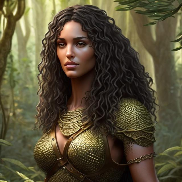 Prompt: An olive skinned woman with wild dark curly hair, gold eyes and sharp features in chainmail in the forest art style