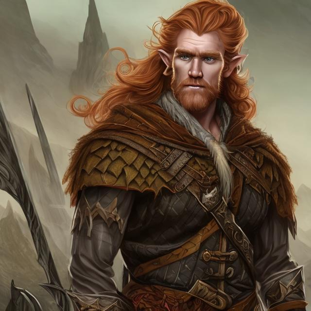 Prompt: Fantasy handsome giant strong Scottish man with pointed elven ears with Ginger hair wearing tartan in fantasy art style 

